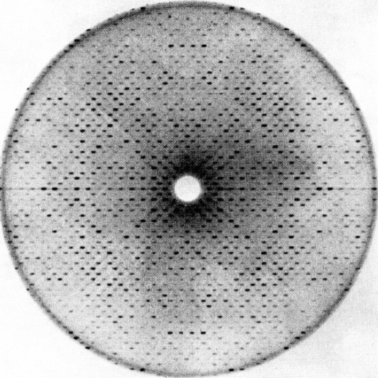 beam of white and a number of concentric circles created of small black spots