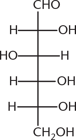 Fischer diagram of aldohexose with hydroxyl groups on C-2, 4, and 5 to the right, hydroxyl group on C-3 to the left