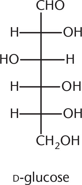 Fischer diagram with aldehyde at top and hydroxyl groups on cross hatches in the following positions: right, left, right, right; CH2OH group on bottom