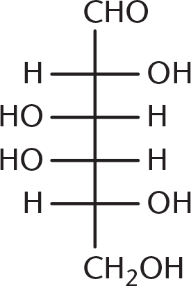 Fischer diagram with aldehyde at top and hydroxyl groups on cross hatches in the following positions: right, left, left, right; CH2OH group on bottom