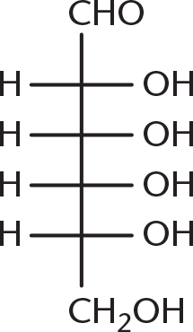 Fischer diagram with aldehyde at top and hydroxyl groups on cross hatches in the following positions: right, right, right, right; CH2OH group on bottom