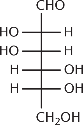 Fischer diagram with aldehyde at top and hydroxyl groups on cross hatches in the following positions: left, left, right, right; CH2OH group on bottom