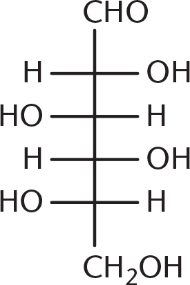 Fischer diagram with aldehyde at top and hydroxyl groups on cross hatches in the following positions: right, left, right, left; CH2OH group on bottom