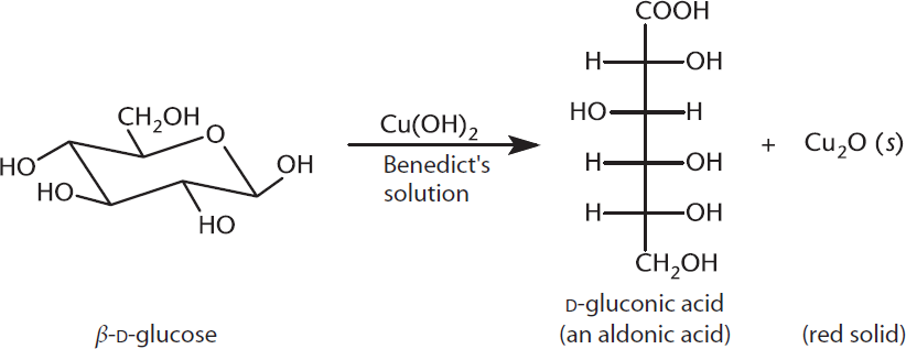 beta-D-glucose mixed with copper(II)hydroxide and Benedict's solution, forming D-gluconic acid and copper(I) oxide, a red solild
