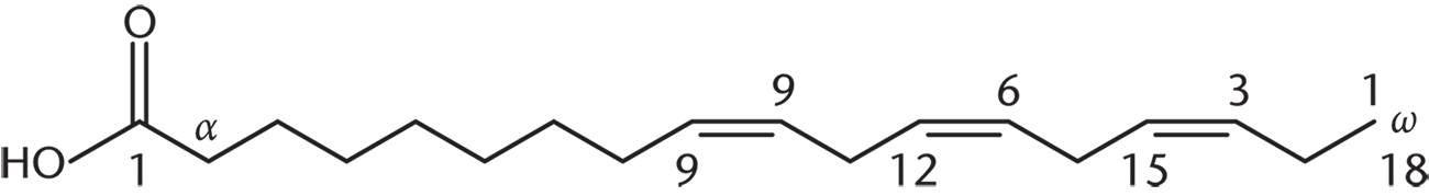 18-carbon chain carboxylic acid with double bonds at 9, 12, and 15