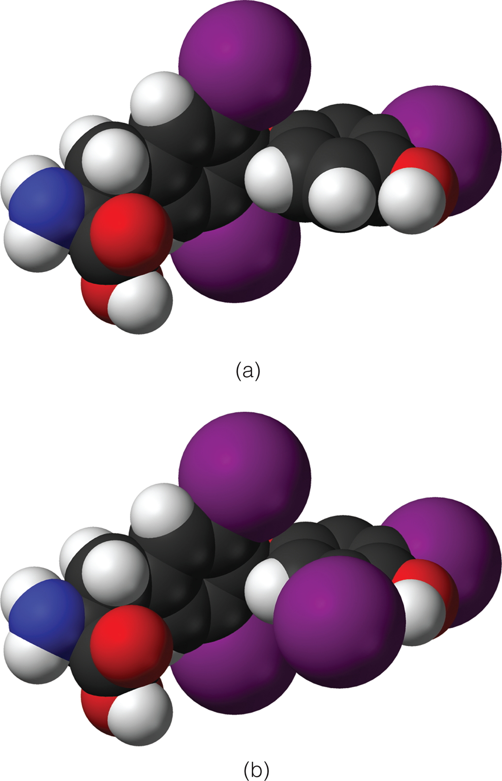 two space-filling ball structures with 3 and 4 large purple spheres (iodine), respectively