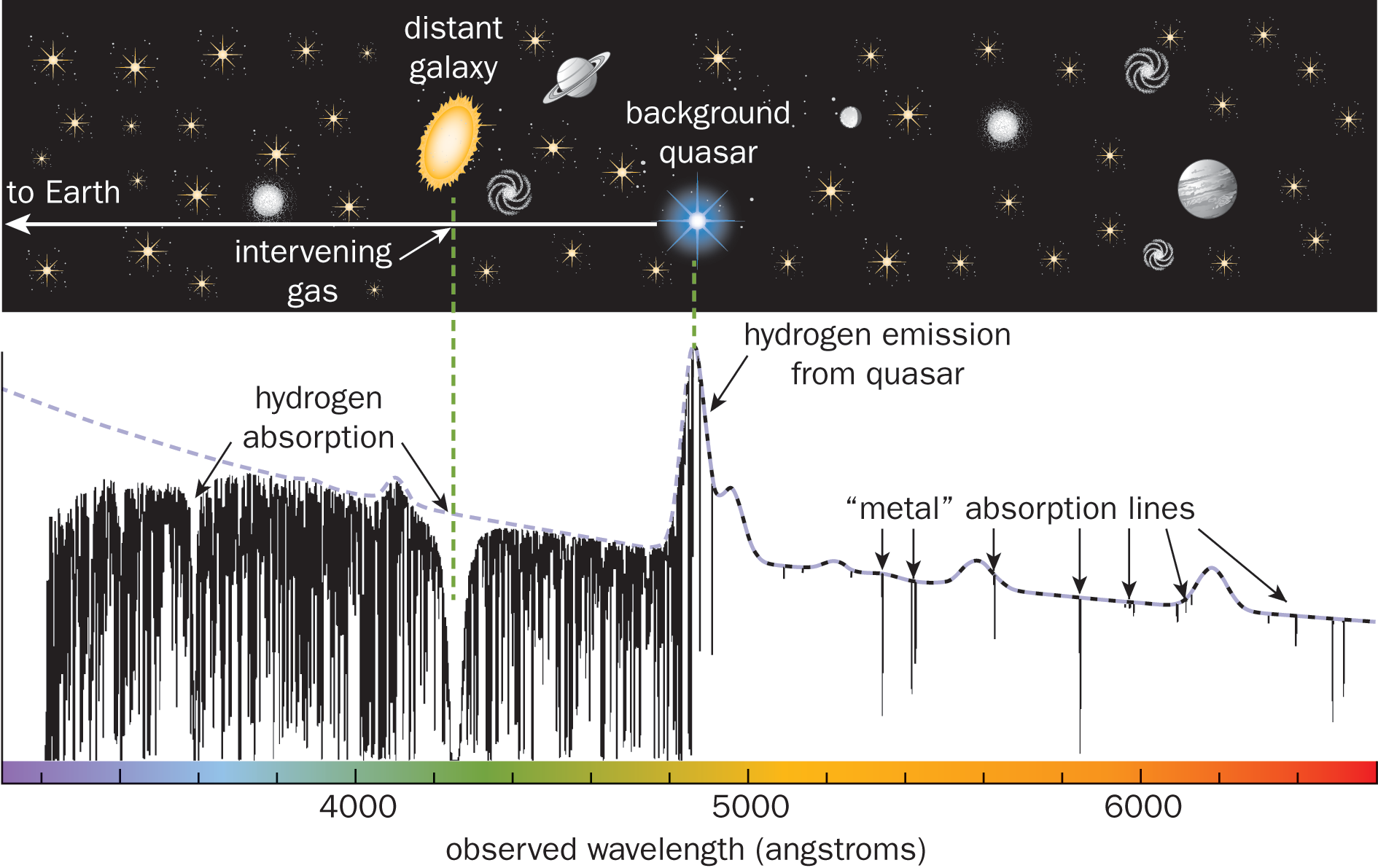 hydrogen absorption and emission from distant galaxy and background quasar, respectively, and metal absorption lines
