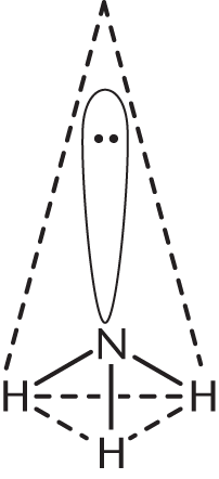 central N with three Hs forming base of tetrahedron and lone pair pointing to apex of tetrahedron