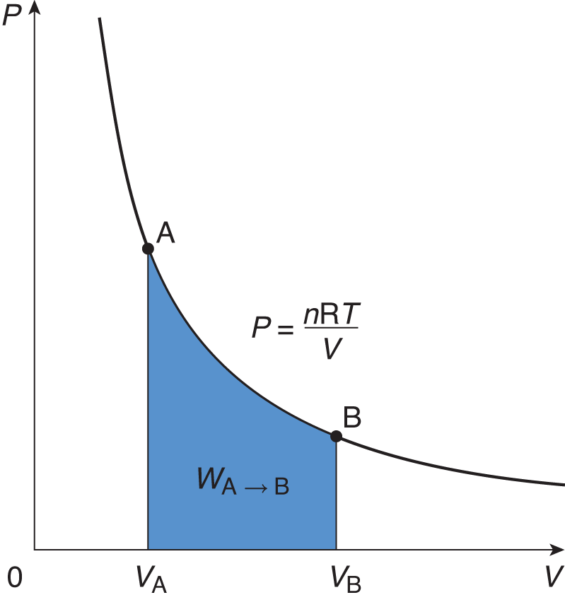 P vs. V; line has equation P = nRT/V and negative slope but upward curvature; work shown as area under the graph