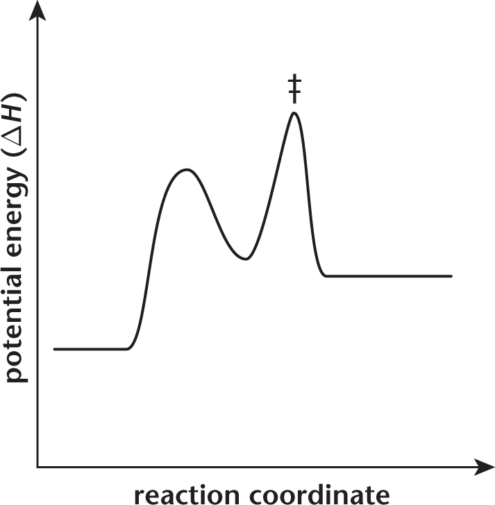 potential energy (delta-H) vs. reaction coordinate; two humps with valley in between; start of line is lower than end
