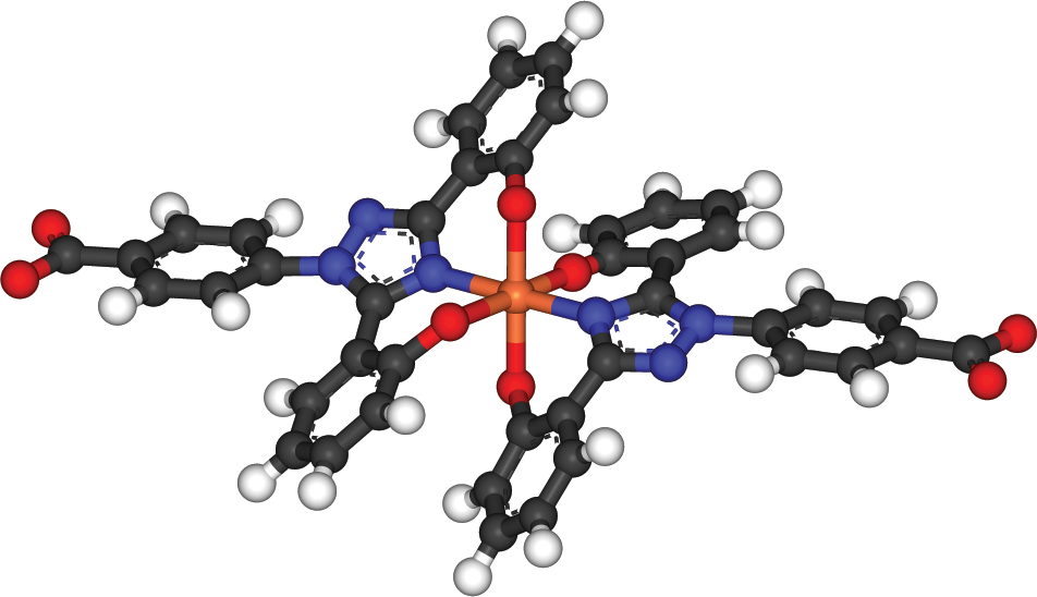 iron molecule with two large ligands forming multiple bonds with it