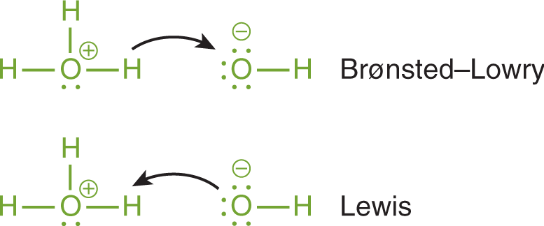 Bronsted-Lowry: arrow points from hydrogen to hydroxide; Lewis: arrow points from lone pair on oxygen in hydroxide to hydrogen