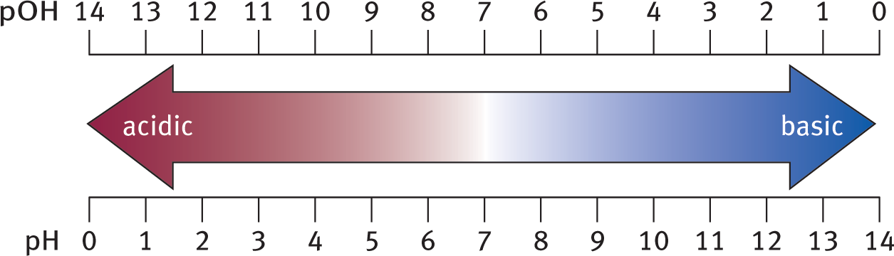 pH scale 1-14, antiparallel to pOH scale 1-14