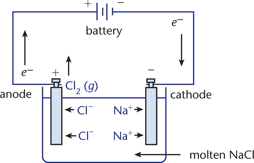 chloride attracted to anode, sodium attracted to cathode; electrons flow anode to cathode with battery along the wire