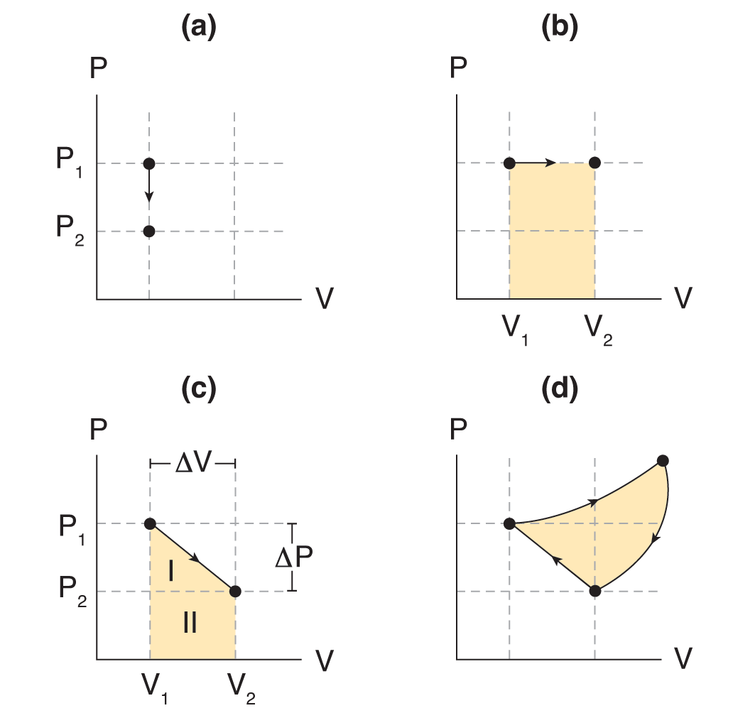 (a) gas decreases pressure at constant volume; (b) gas increases volume at constant pressure; (c) gas increases volume while decreasing pressure; (d) gas undergoes a closed-loop process