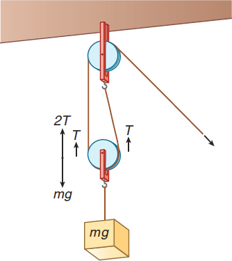 mass on two-pulley system; mg points down, 2T points up