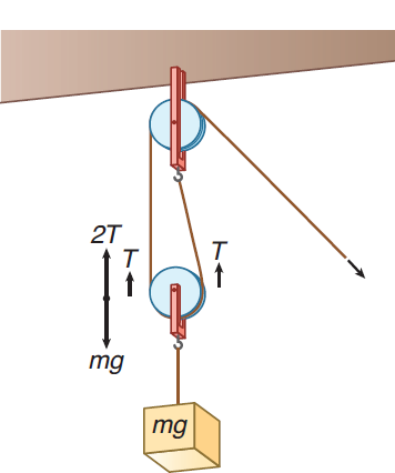 pulley at top and bottom of rope, holding object with weight mg; each rope around pulley has tension T