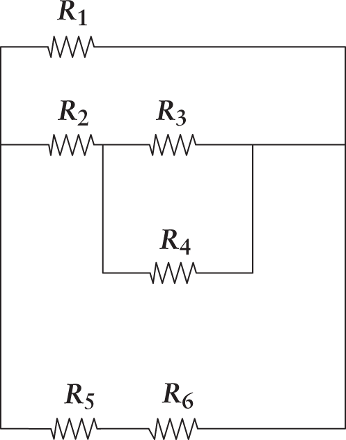 Branch 1: R1; Branch 2: R2 in series with R3 and R4, which are parallel; Branch 3: R5 and R6 in series