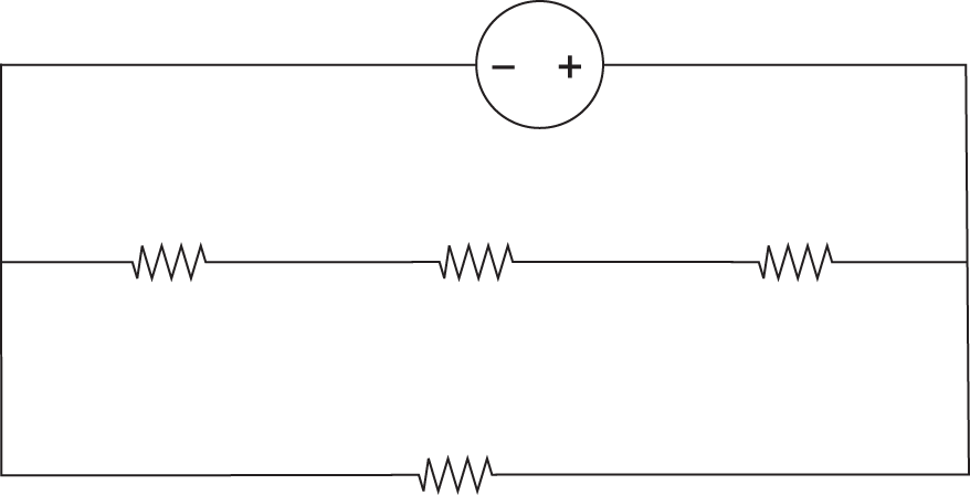 branch 1: voltage source; branch 2: three resistors in series; branch 3: one resistor