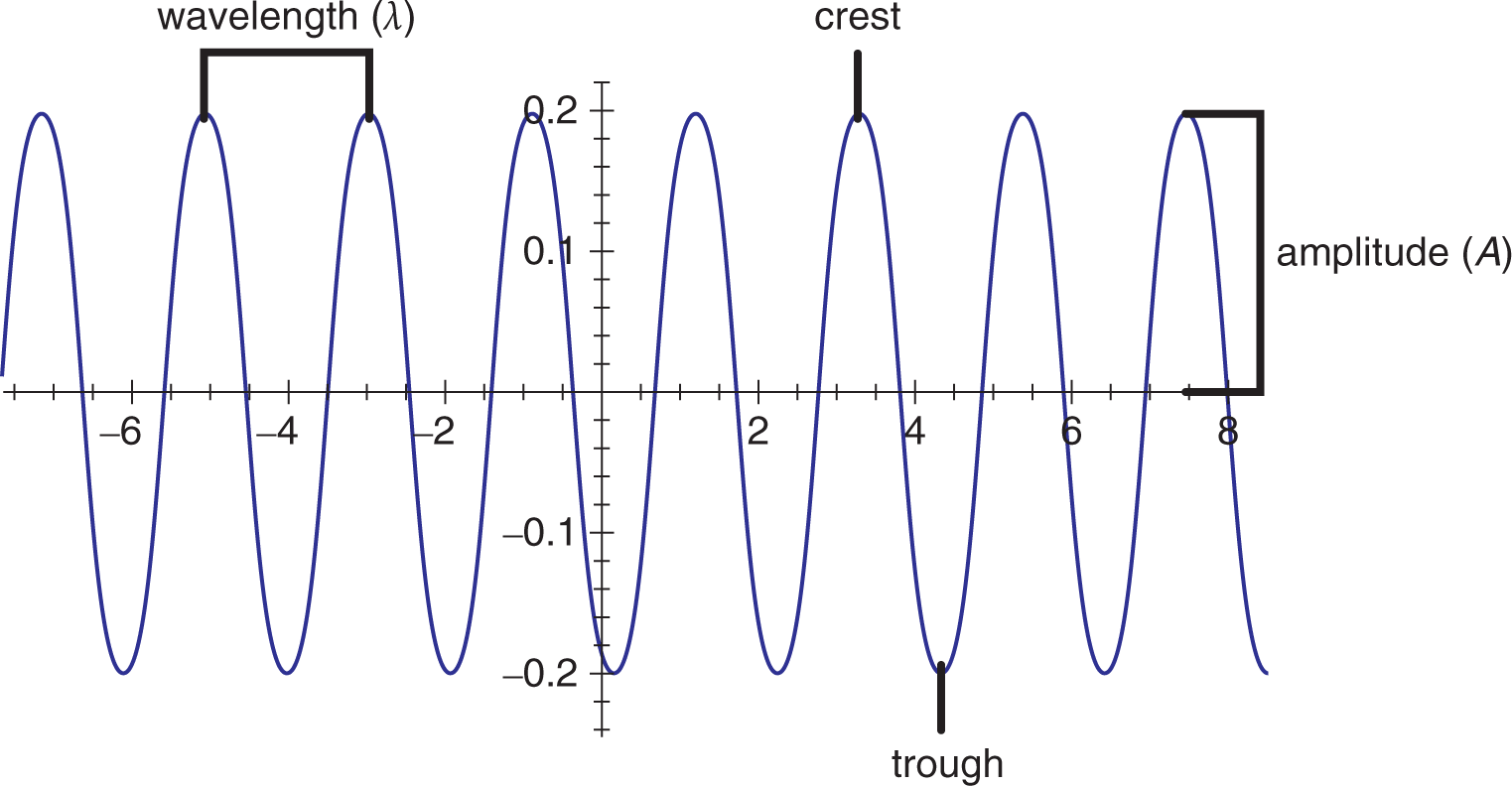 labeled: wavelength (lambda), crest, trough, amplitude (A)