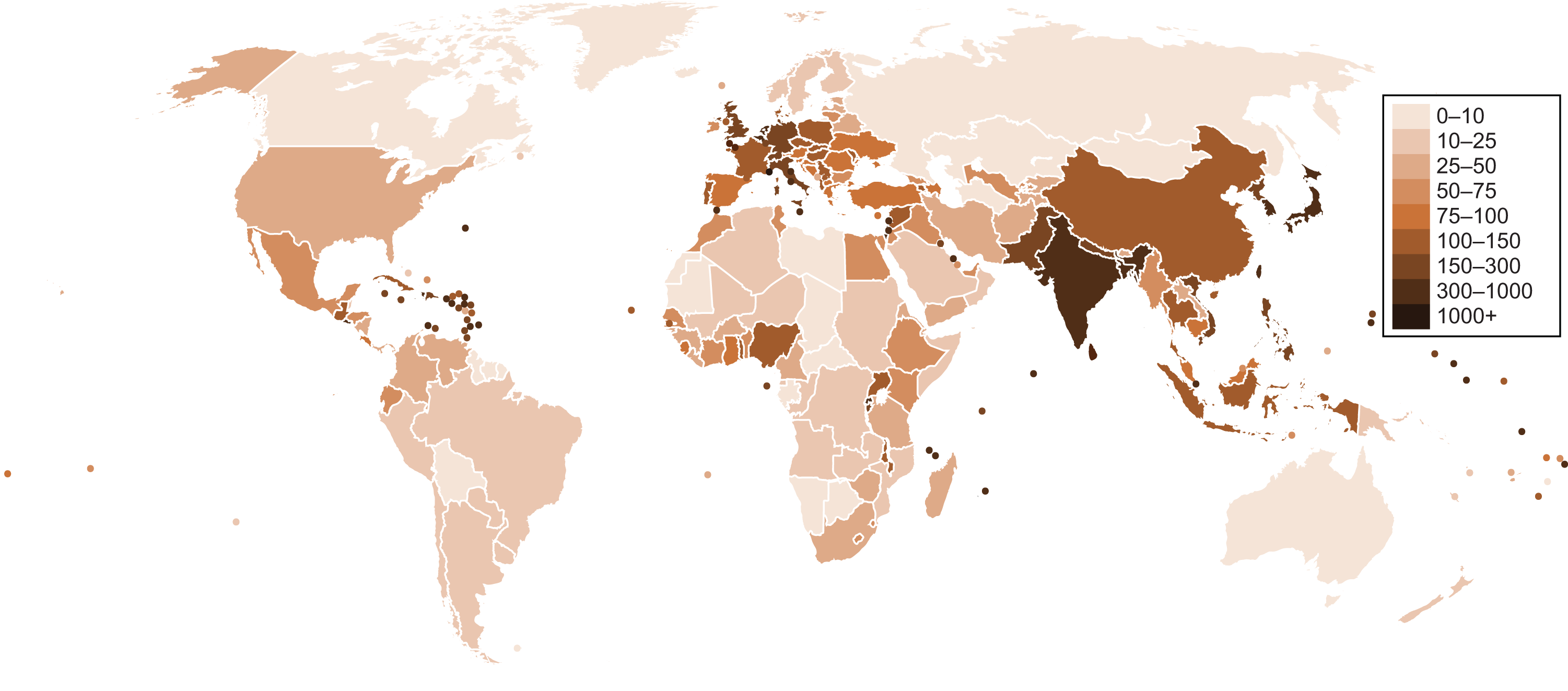 map with each country colored a different shade of brown; darker brown corresponds to higher density