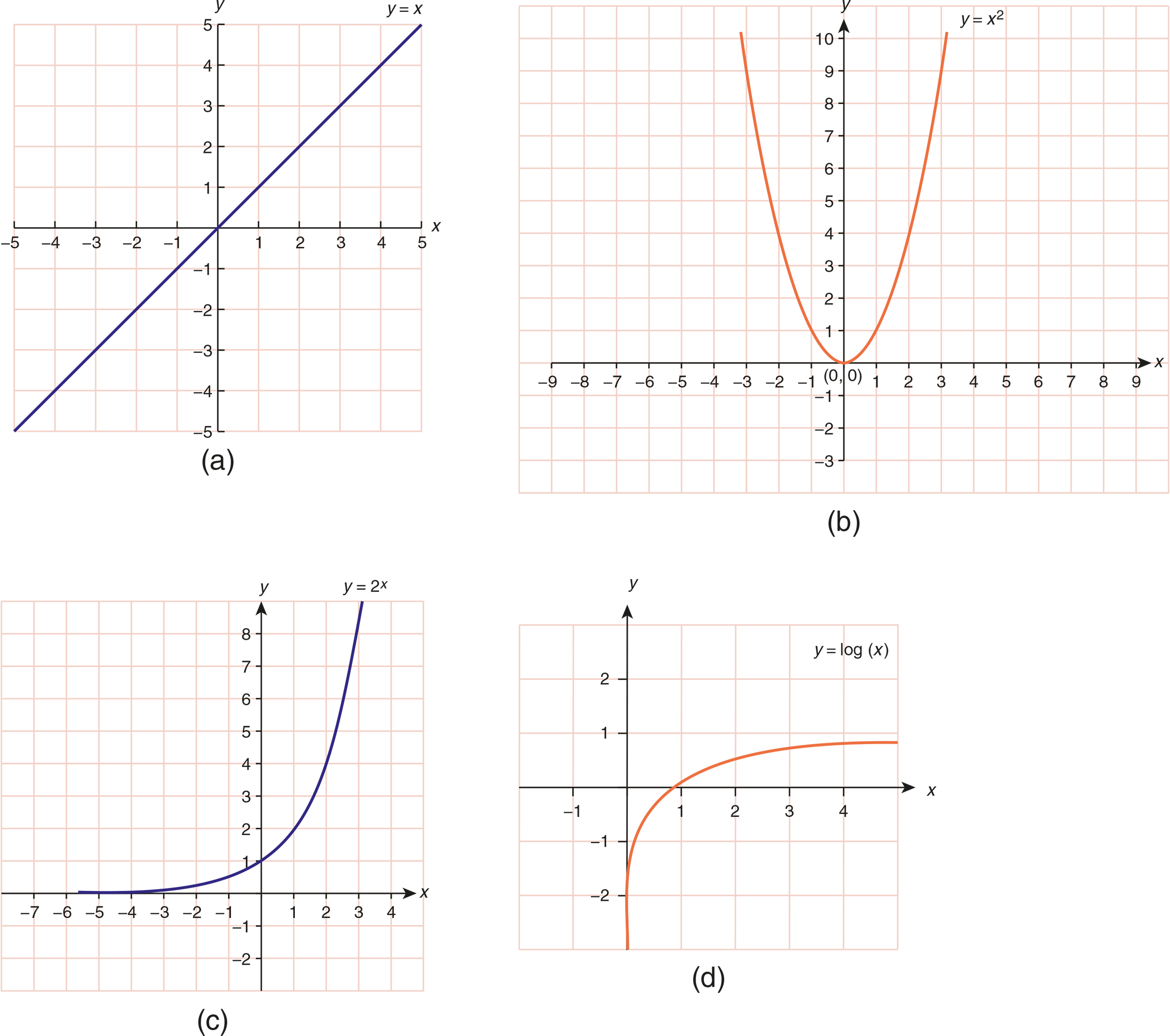 linear: straight line, parabolic: U-shaped, exponential: positive slope with upward curvature, logarithmic: positive slope with downward curvature