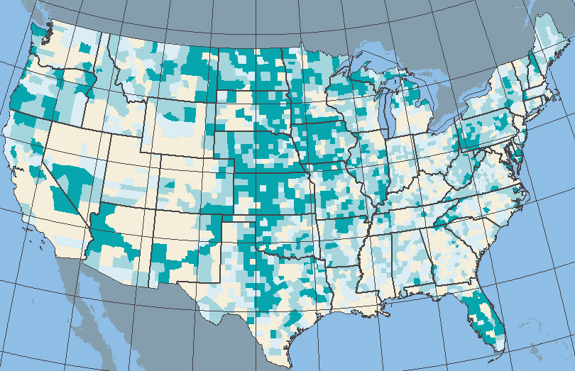 map of the U.S. with a high frequency of dark green in the center