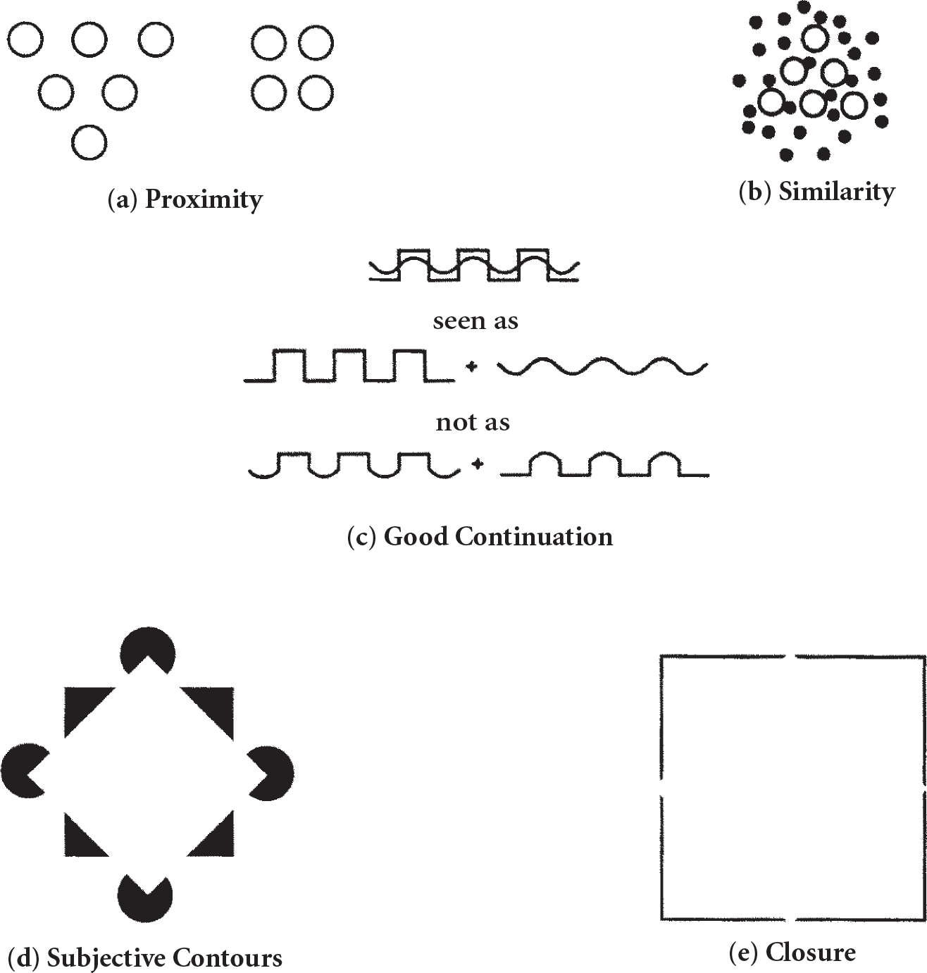 proximity, similarity, good continuation, subjective contours, closure