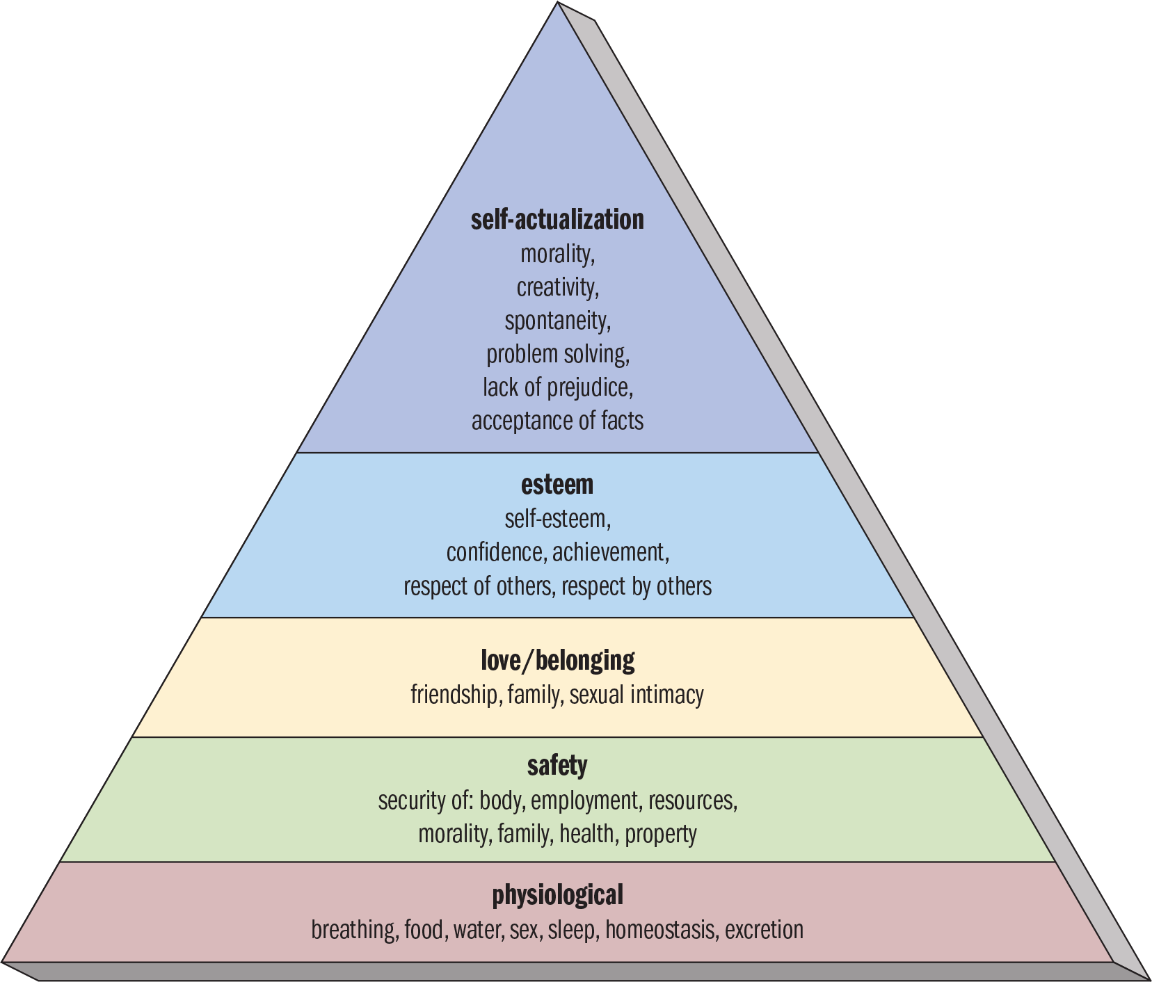 base: physiological (breathing, food, water, sex, sleep, homeostasis, excretion); then, safety (security of body, employment, resources, morality, the family, health, property), love/belonging (friendship, family, sexual intimacy), esteem (self-esteem, confidence, achievement, respect of others, respect by others), and self-actualization (morality, creativity, spontaneity, problem-solving, lack of prejudice, acceptance of facts)