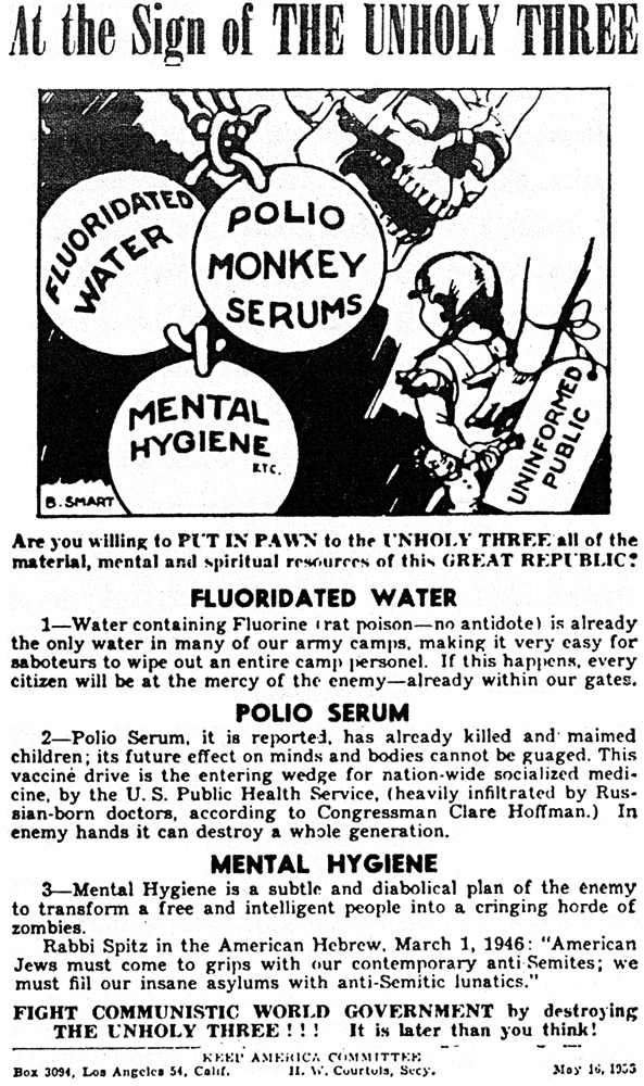 propaganda poster against fluoridated water, polio serum, and mental hygiene