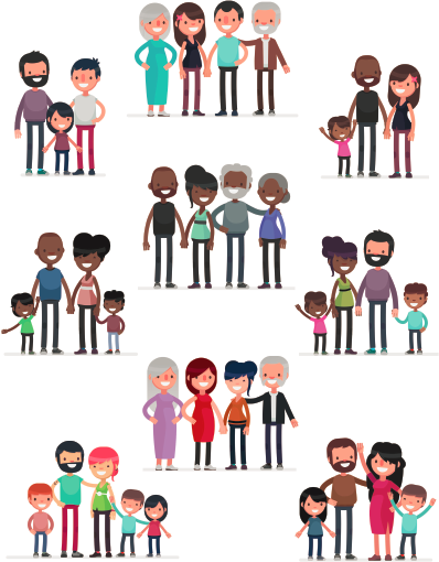 many different combinations of parents, children, and other relatives