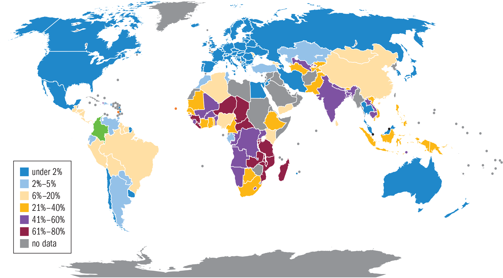 world map; highest percentages in sub-saharan Africa, south and southeast Asia, central America, and oceania