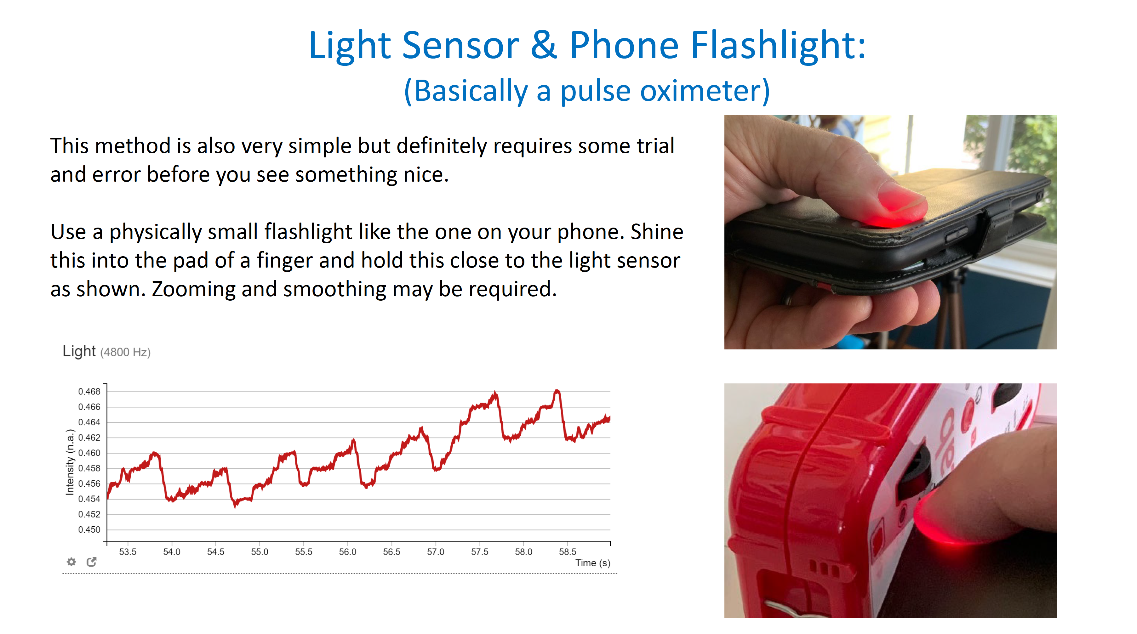 Light sensor / pulse oximeter setup
